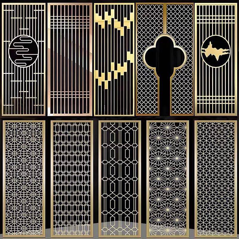 不锈钢激光格栅屏风定制中式镂空隔断玄关铝雕别墅酒店售楼部装饰