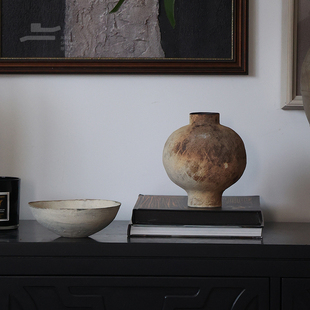 冯哲元灼烧石榴瓶粗陶花器香氛蜡烛居家玄关台面诧寂风装饰品摆件