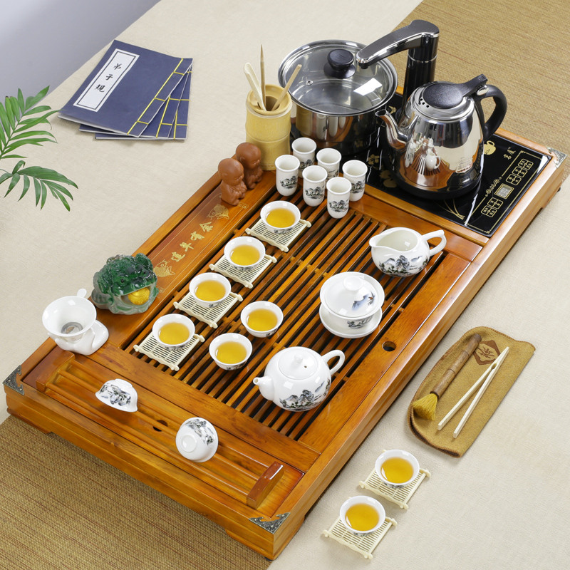 家用实木茶盘套装带电磁炉四合一体茶台陶瓷功夫紫砂茶具茶杯整套