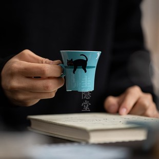 圭隐堂粉引手绘猫咪陶瓷带手把茶杯家用女士品茗杯主人杯个人单杯