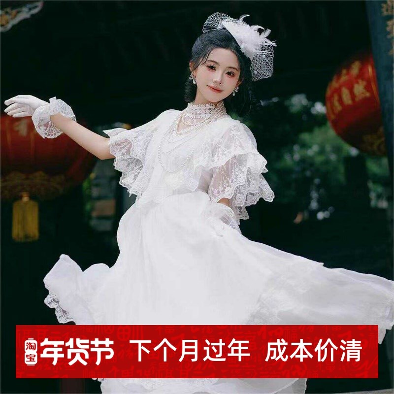 女成人复古洋裙夏森系白色气质长A裙轻婚纱甜美领证公主裙留洋千