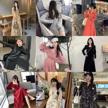 QY新款赫本风法式白裙长袖连衣裙女收腰气质显瘦中长裙