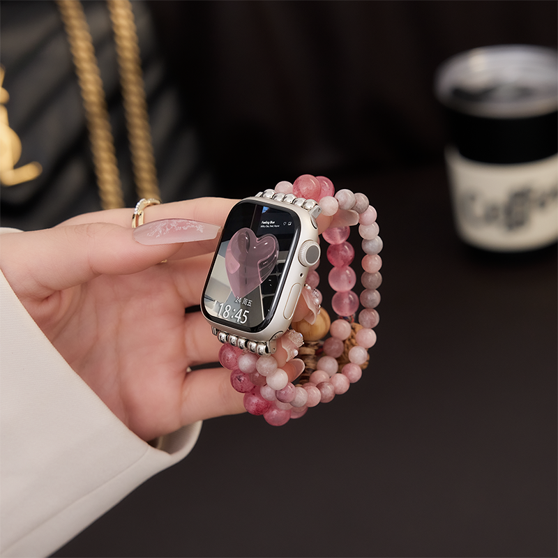 适用iwatch苹果手表表带applewatch天然红纹石串珠S10复古弹力手链S9夏季女款S8/S7代新中式se高级感气质手串