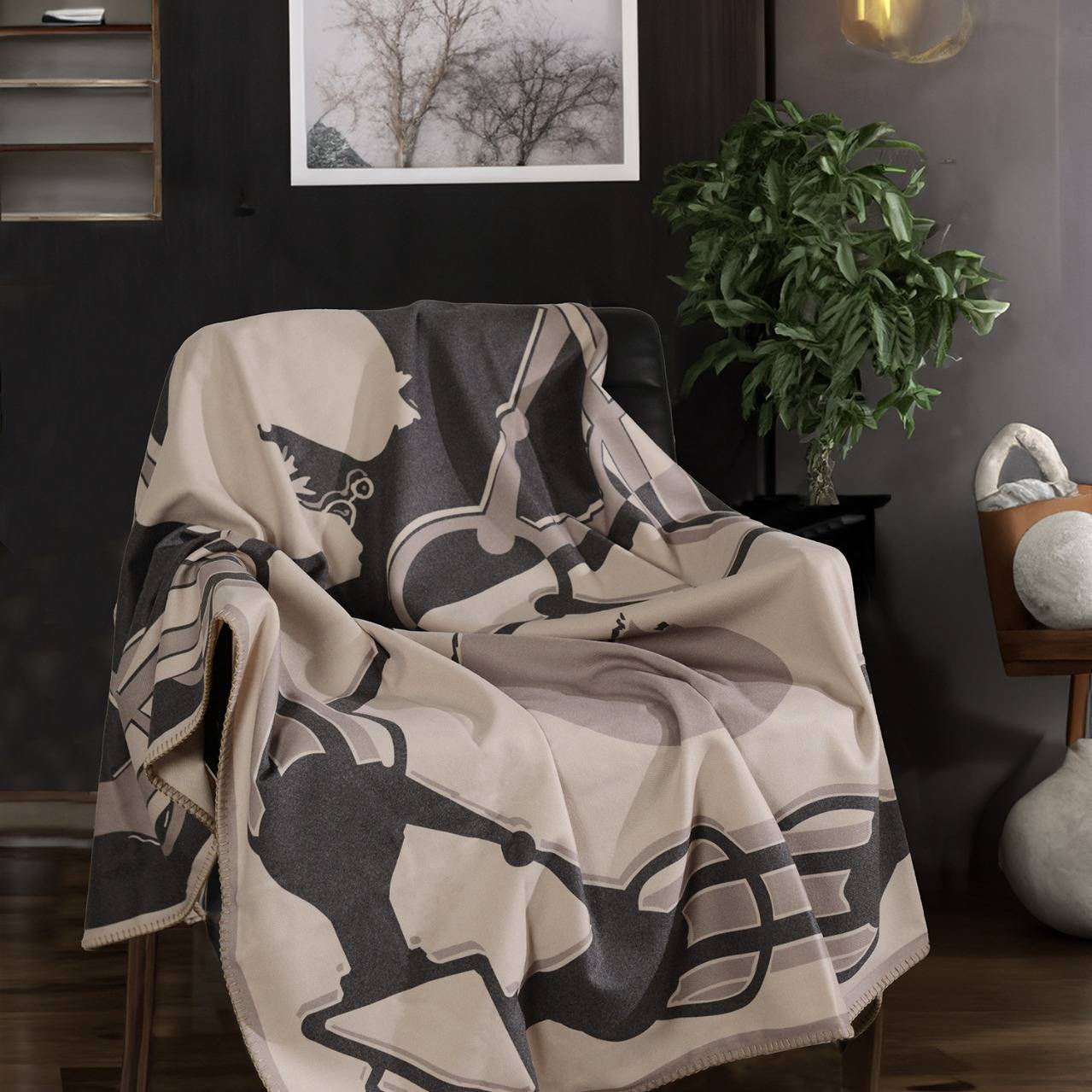 欧美奢华高端品质羊毛呢锁边抱枕靠垫沙发毯盖毯印花系列卧室搭毯