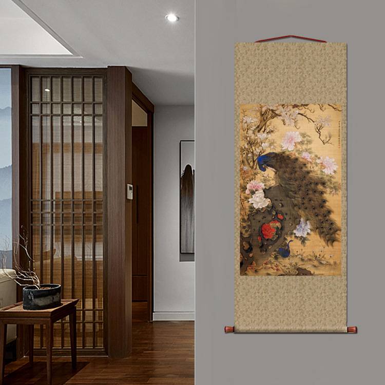 沈铨孔雀玉兰牡丹图花鸟画卷轴挂画仿古画复制古代名画玄关装饰画