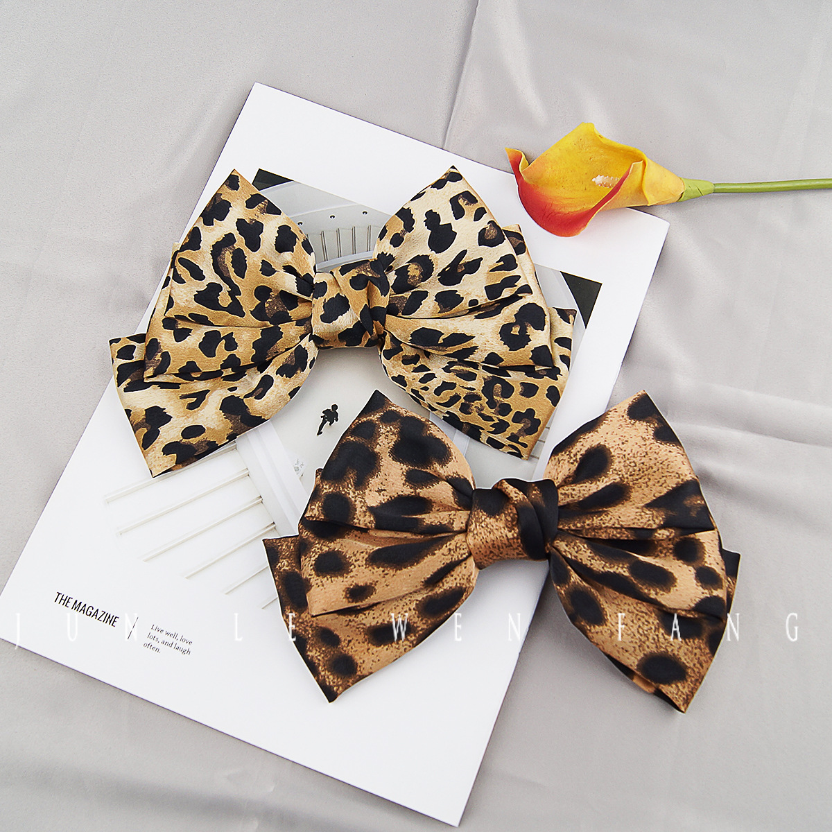 欧美新款豹纹蝴蝶结发夹日韩版缎面雪纺布艺弹簧夹OL边夹头发
