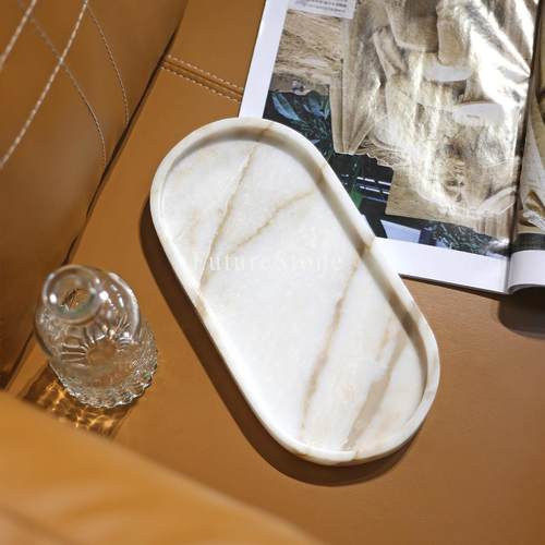 北欧简约高级感天然大理石托盘客厅香薰收纳香水饰品展示盘样板间