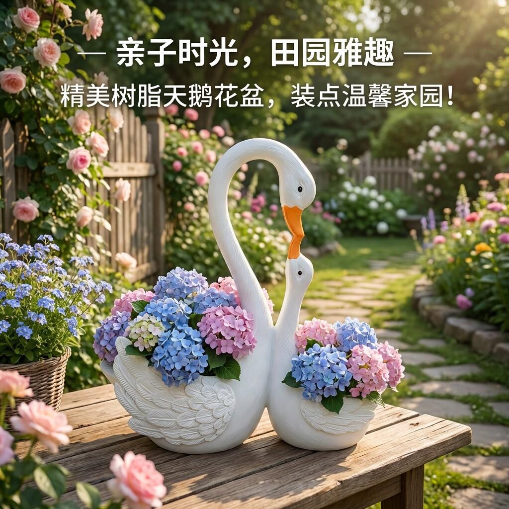 精美白色母子天鹅造型花盆树脂工艺品花园庭院装饰品花卉养殖花盆