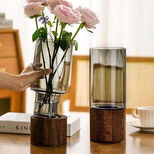高级感新中式带木托花瓶玻璃客厅插花水培富贵竹鲜花餐桌装饰摆件