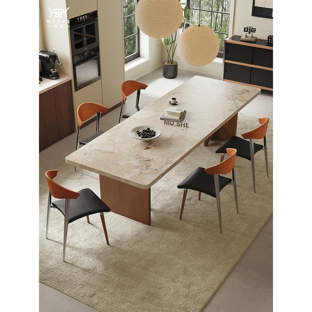 暮奢中古风实木莫奈花园岩板餐桌椅组合家用小户型长方形下挂餐桌