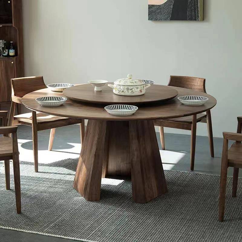 原木复古做旧实木餐桌别墅美式乡村圆桌带转盘洽谈桌咖啡桌圆形桌