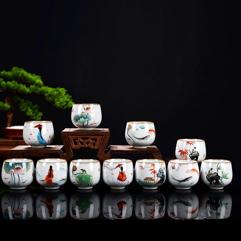 高端高档汝窑手绘品茗杯纯手工艺汝瓷开片可养功夫陶瓷主人杯包邮