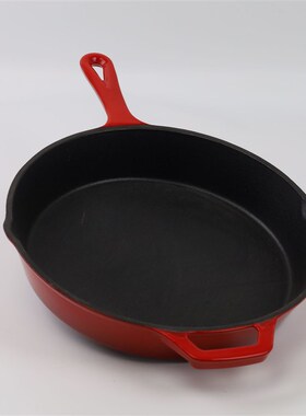 厂家供应--十寸盘铸铁珐琅单手柄深E红色内白平底煎锅无涂层珐琅