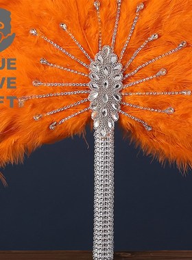 美式风格b羽毛扇子橙色系婚礼庆典举行手持扇豪华委婉新郎官园扇