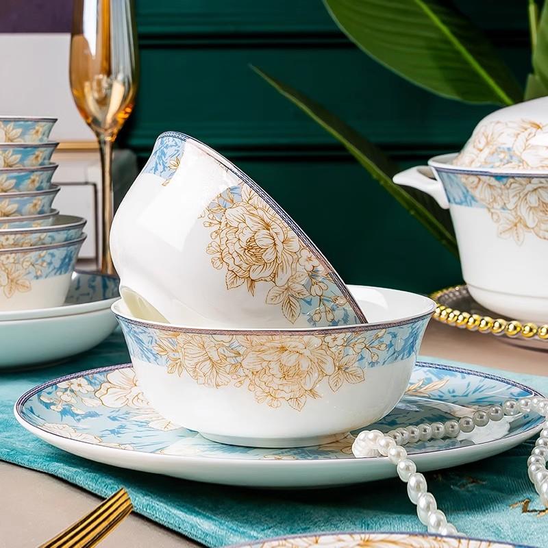 景德镇家用米饭碗新中式轻奢骨瓷陶瓷碗单个碗盘勺大号菜盘子汤碗