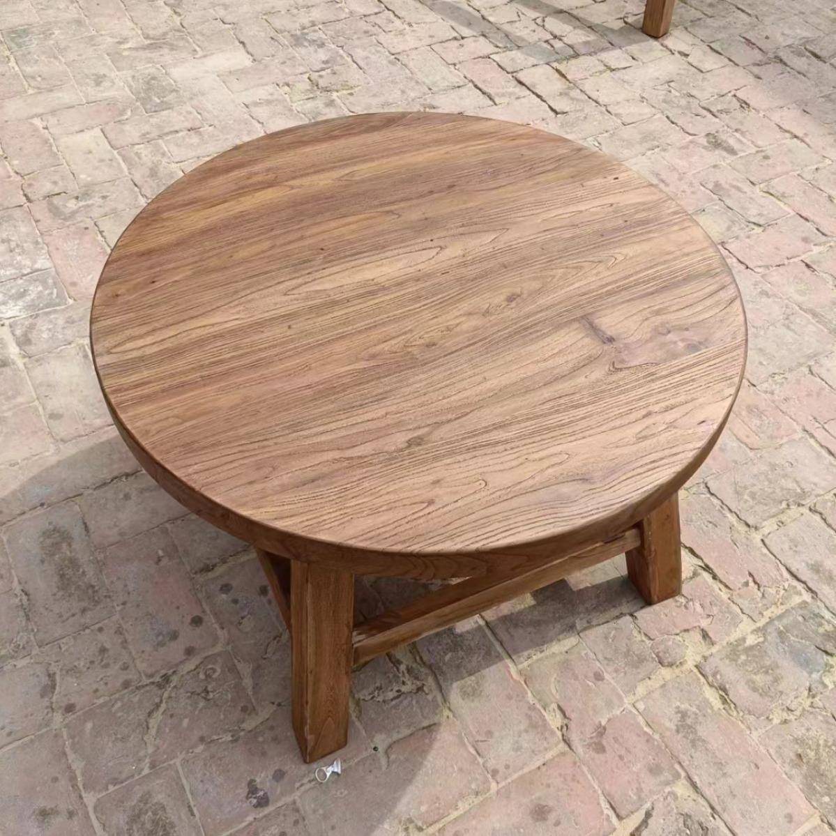 老榆木圆桌门板风化榆木桌家用餐桌圆形茶桌新中式餐厅实木饭桌