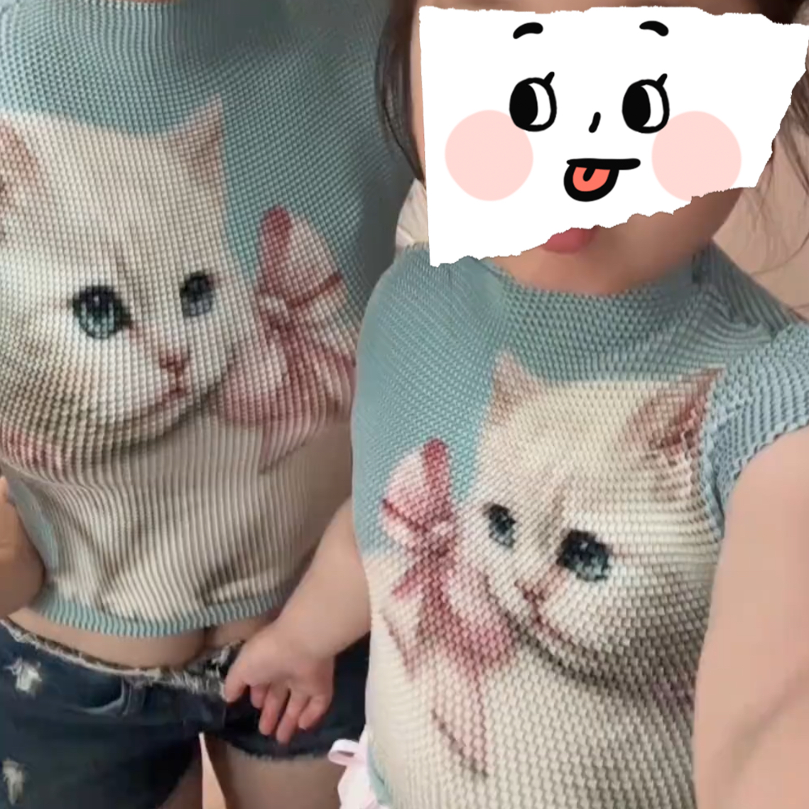 夏季新款甜美减龄修身短款别致小衫半高领猫咪印花短袖T恤女2025