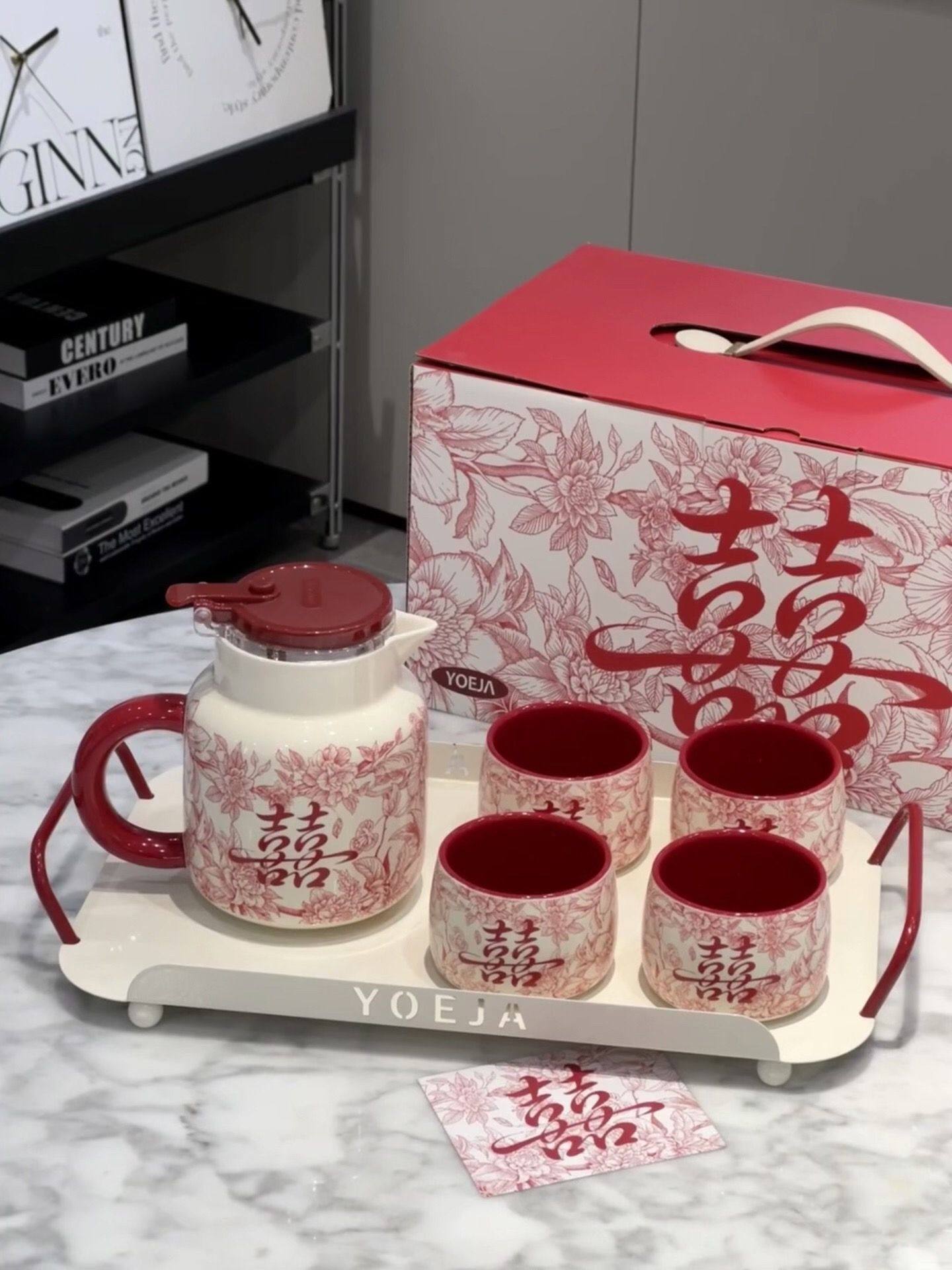 瓷器印花双喜陶瓷茶杯子新婚礼物伴手礼新中式花囍茶具套装礼盒装