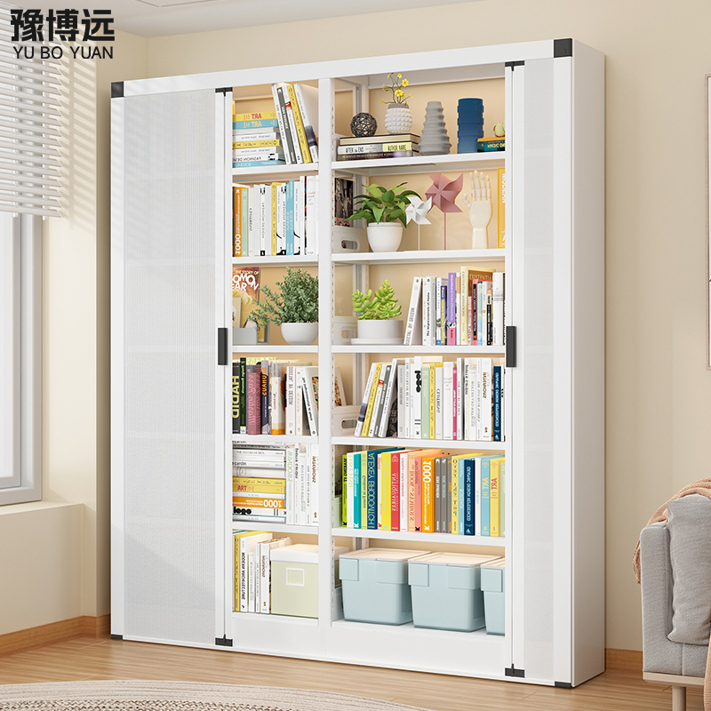 钢制图书馆书架家用儿童置物架铁艺带门书柜落地绘本架阅览室铁架