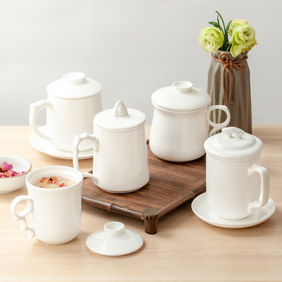 纯白骨瓷茶杯陶瓷盖杯大容量办公室水杯茶水分离过滤带盖茶漏杯子