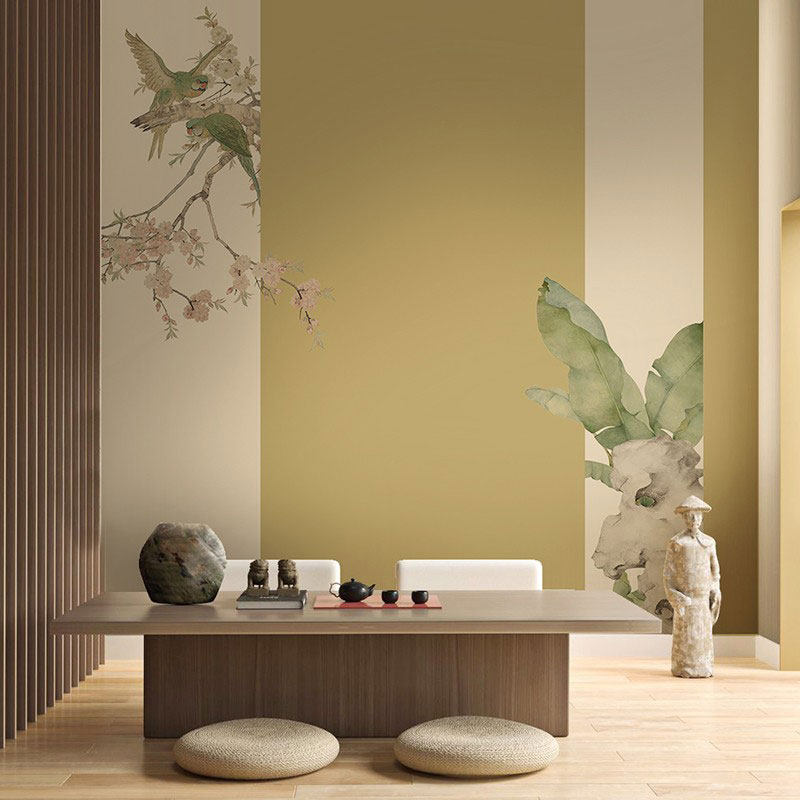 中式意境花鸟桃花芭蕉墙纸茶室卧室客厅壁布养生馆餐厅背景墙壁纸