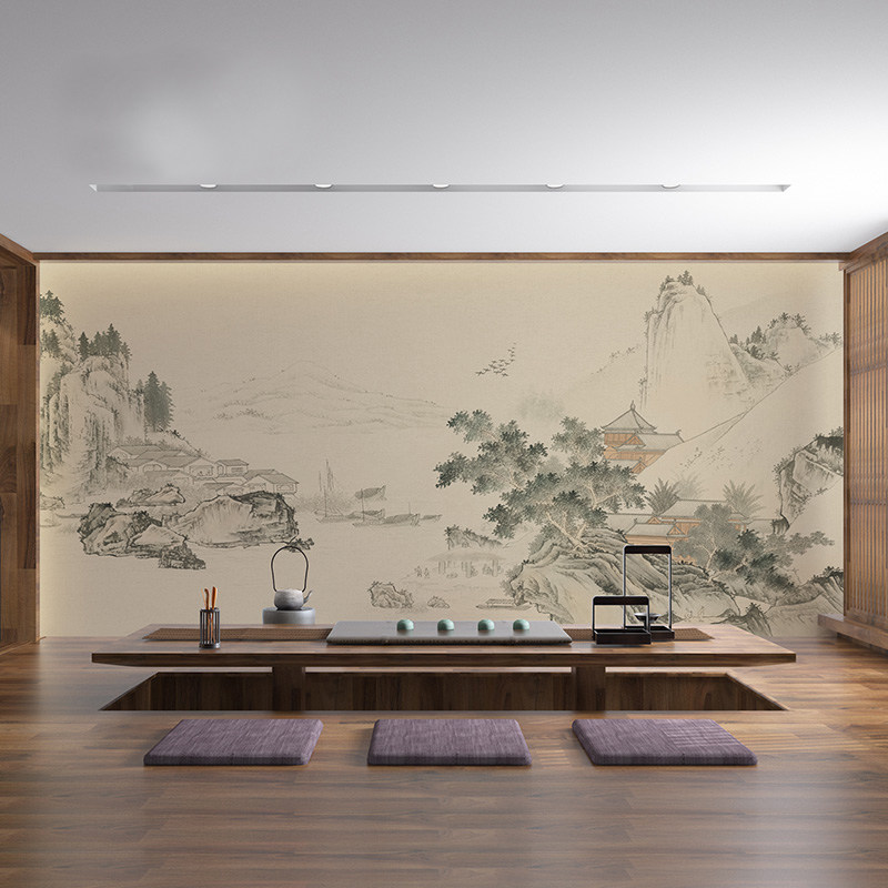 新中式电视背景墙壁纸壁画水墨山水墙纸客厅沙发茶室壁布无缝墙布