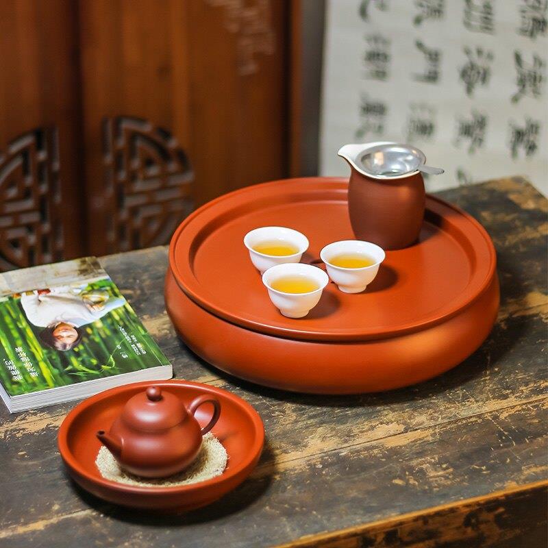 潮州朱泥茶盘紫砂茶船传统手工鼓形实用储水干泡台壶承工夫茶具
