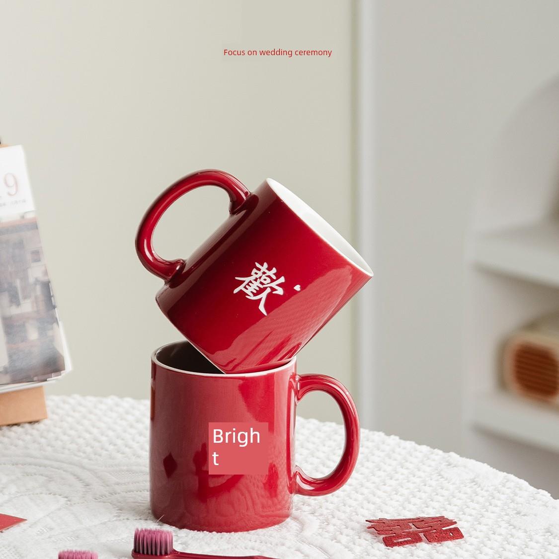 囍瓷 结婚洗漱杯情侣牙刷一对闺蜜陪嫁用品新婚红色陶瓷杯子套装