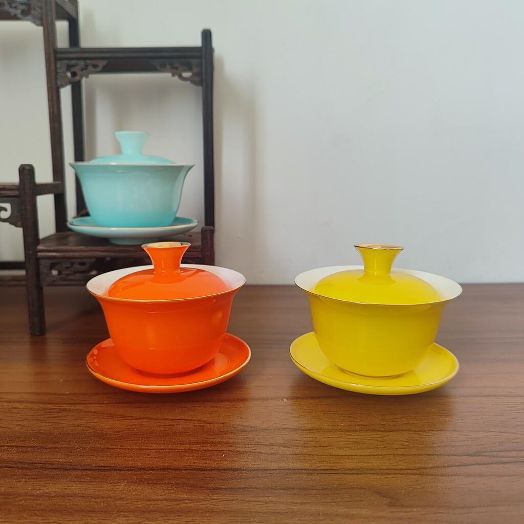薄胎骨瓷潮州功夫茶具三才碗茶杯陶瓷杯子橙色描金泡茶碗家用盖碗