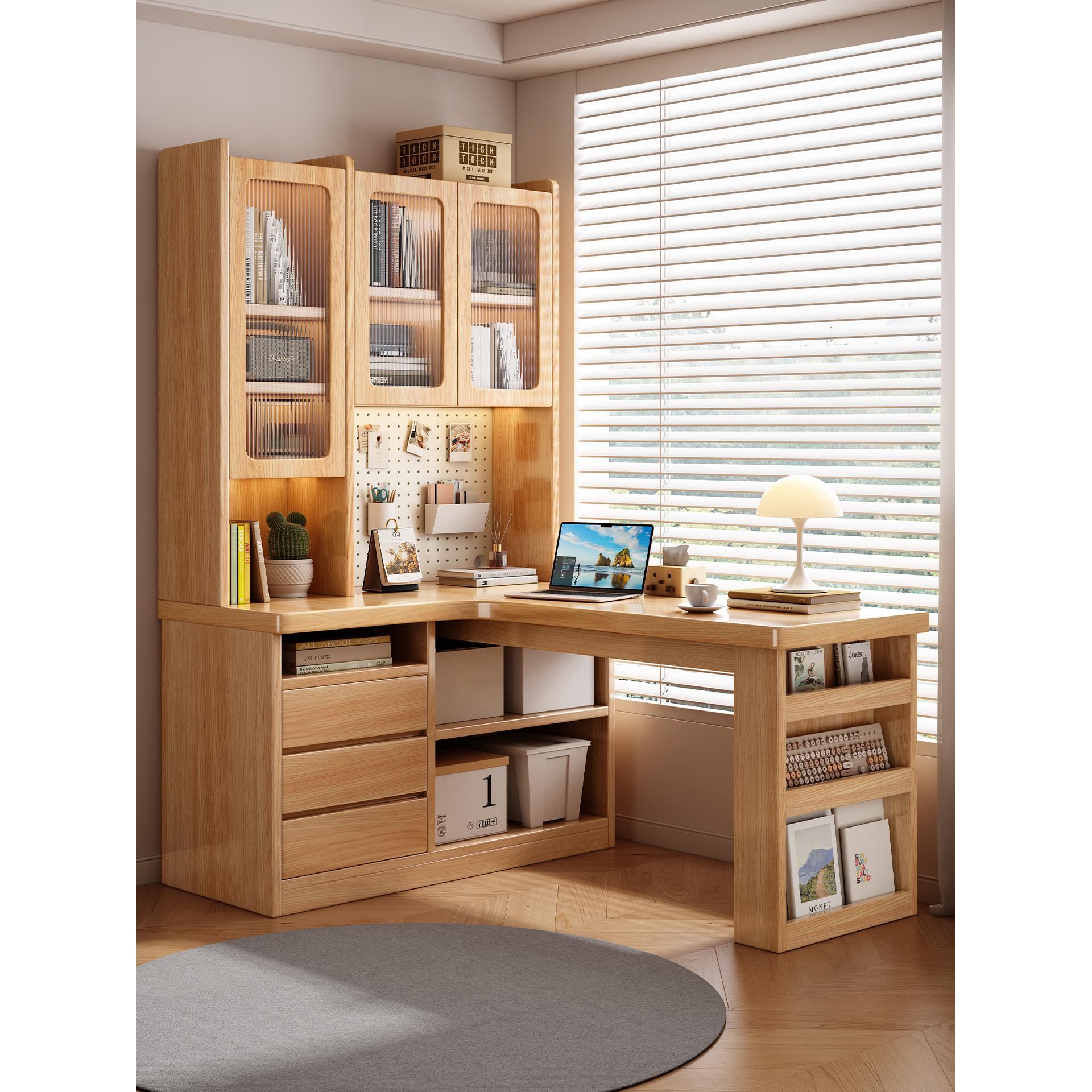 转角书桌书架一体桌带书柜组合初中学生家用学习桌l型实木电脑桌