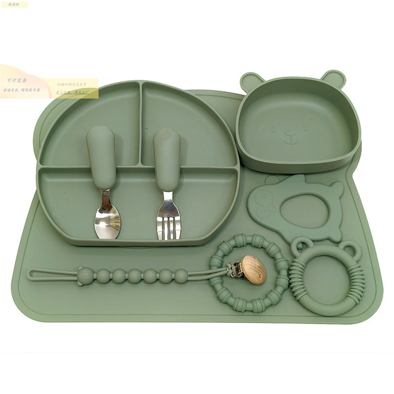 新款 宝宝一体吸盘餐盘儿童硅胶卡通熊餐具婴儿吃饭辅食碗叉勺牙