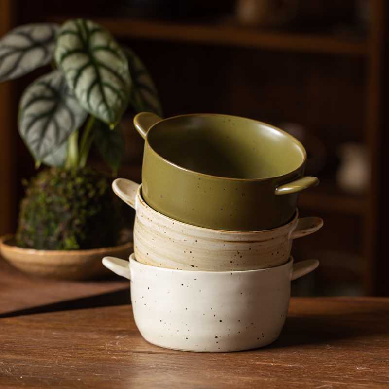 复古粗陶双耳碗650ml 焗饭碗麦片碗粥碗冰淇淋碗水果碗早餐碗