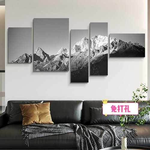 富士山挂画黑白现代简约客厅沙发背景墙面壁画日照金山房间装饰画