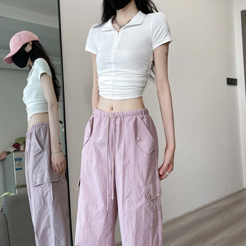 韩国粉色工装裤i女款夏季薄款高腰小个子2024新款美式速干阔腿裤