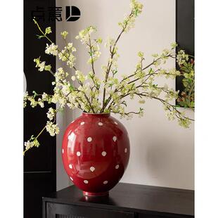 陶瓷花瓶草莓红色波点大肚花器 景德镇摆件复古港水培
