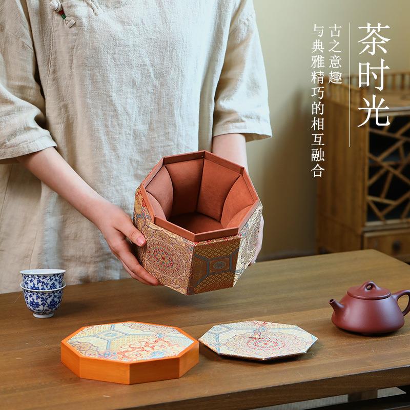 木质竹盖八角包装紫砂壶茶具瓷器收纳竹盖八角相花盒宝锦盒古董古