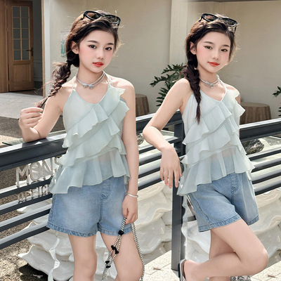 女童套装夏季吊带背心牛仔短裤