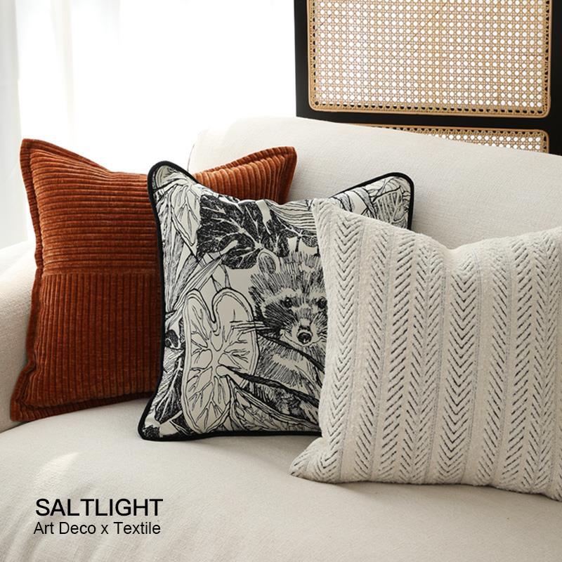 光与盐 中古风黑白素描浣熊抱枕组合客厅靠枕靠垫沙发样板间靠包
