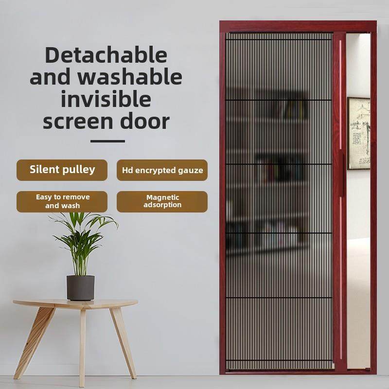 推拉式隐形折叠纱门防蚊门帘家用免打孔铝合金无轨伸缩砂门纱窗门