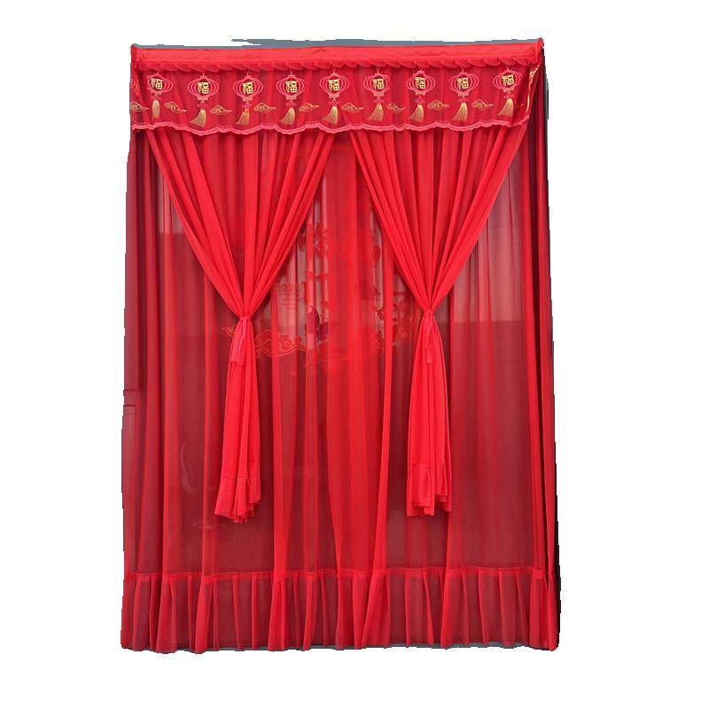 家用红色蕾丝网纱大门门帘卧室结婚隔断外门双开门打孔魔术贴款
