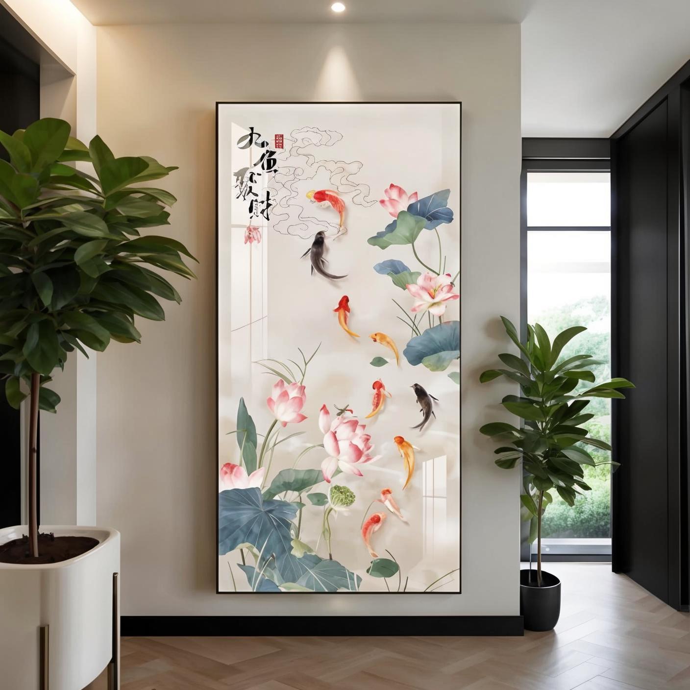 开门正对墙装饰画九鱼图入户玄关挂画客厅走廊过道好寓意竖版壁画