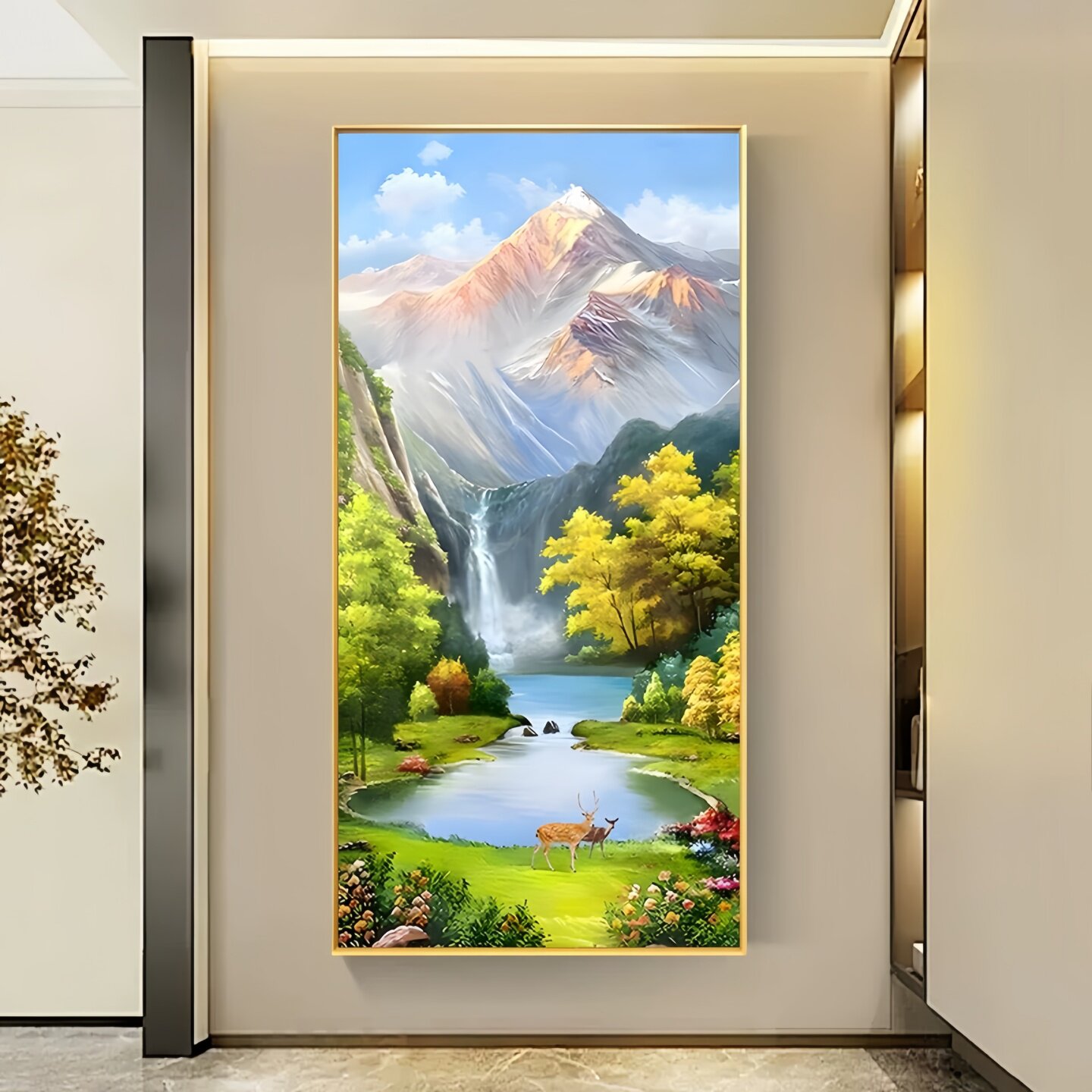 玄关装饰画八方聚财山水画聚宝盆竖版风景挂画正对门走廊过道壁画