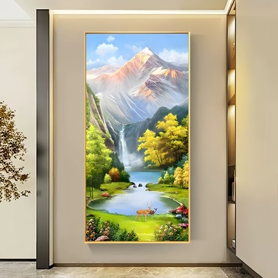 玄关装饰画八方聚财山水画聚宝盆竖版风景挂画正对门走廊过道壁画