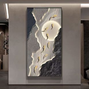 九鱼图立体入户玄关装饰画高端带灯石来运转壁画轻奢走廊过道挂画