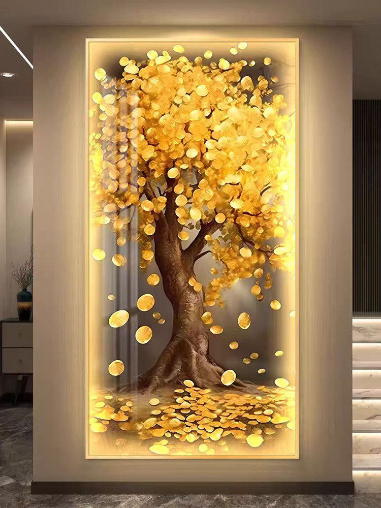 发财树led带灯轻奢入户玄关装饰画简约现代挂画壁画过道高级感