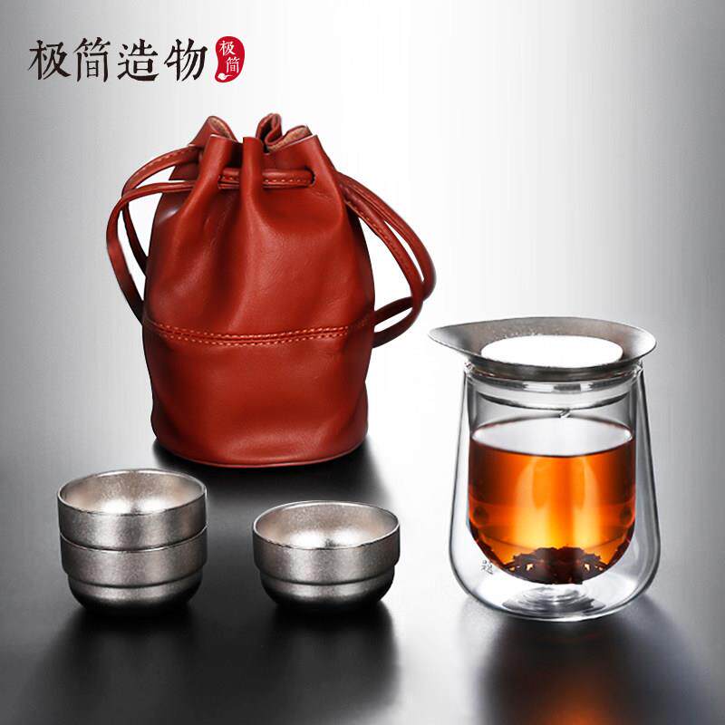 纯钛双层旅行茶具套装户外出便携带包快客杯茶壶露营随身喝泡茶器