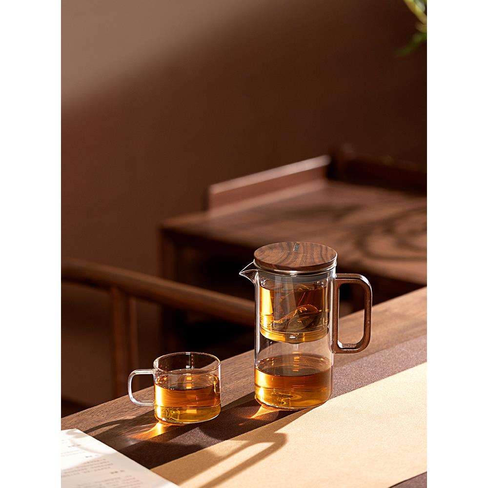 邦田磁吸飘逸杯茶水分离一键过滤冲茶壶胡桃木泡茶杯玻璃内胆茶具