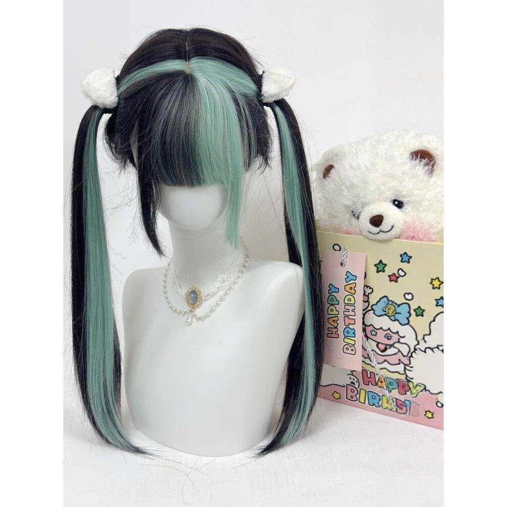 纤韵佳人假发女薄荷脆巧lolita少女圣诞节黑挑染薄荷绿长直全头套