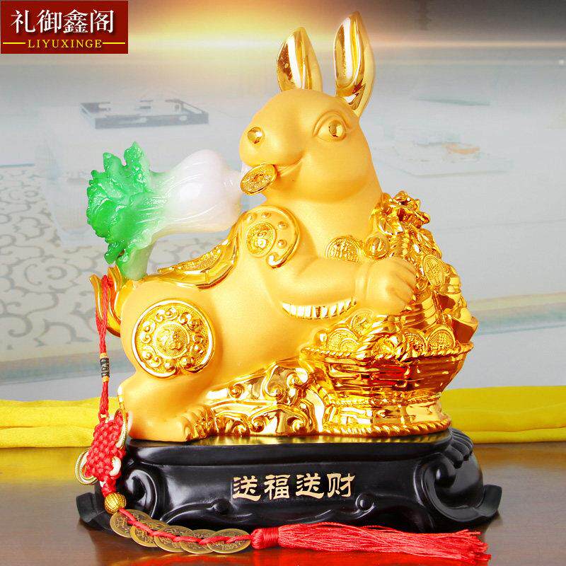 招财兔白菜摆件十二12生肖风水沙金木兔子新房礼物创意树脂工艺品