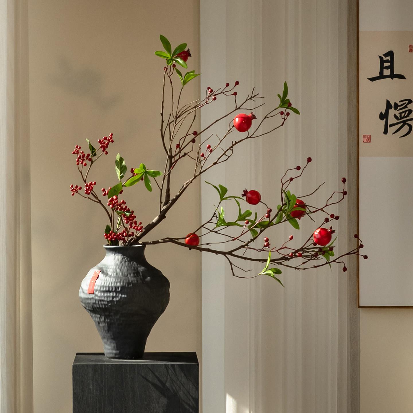 石榴干燥树枝彷真年宵假花红红火火高级感逼真茶桌装饰品玄关宋代